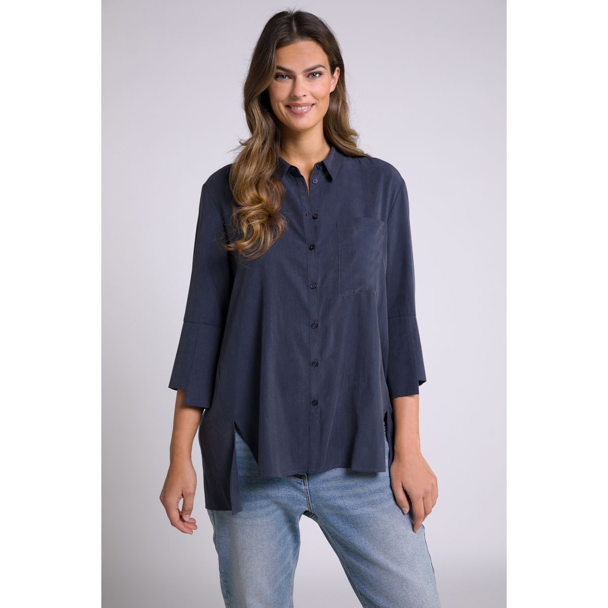 ULLA POPKEN Chemise Rayures Classic Satin-Manche Boucle 3/4-arm marine uni NEUF ULLA POPKEN Chemise Rayures Classic Satin-Manche Boucle 3/4-arm marine uni NEUF